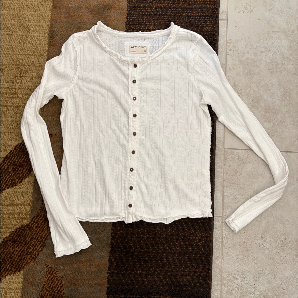 We The Free White Ribbed Button-Front Long Sleeve Top